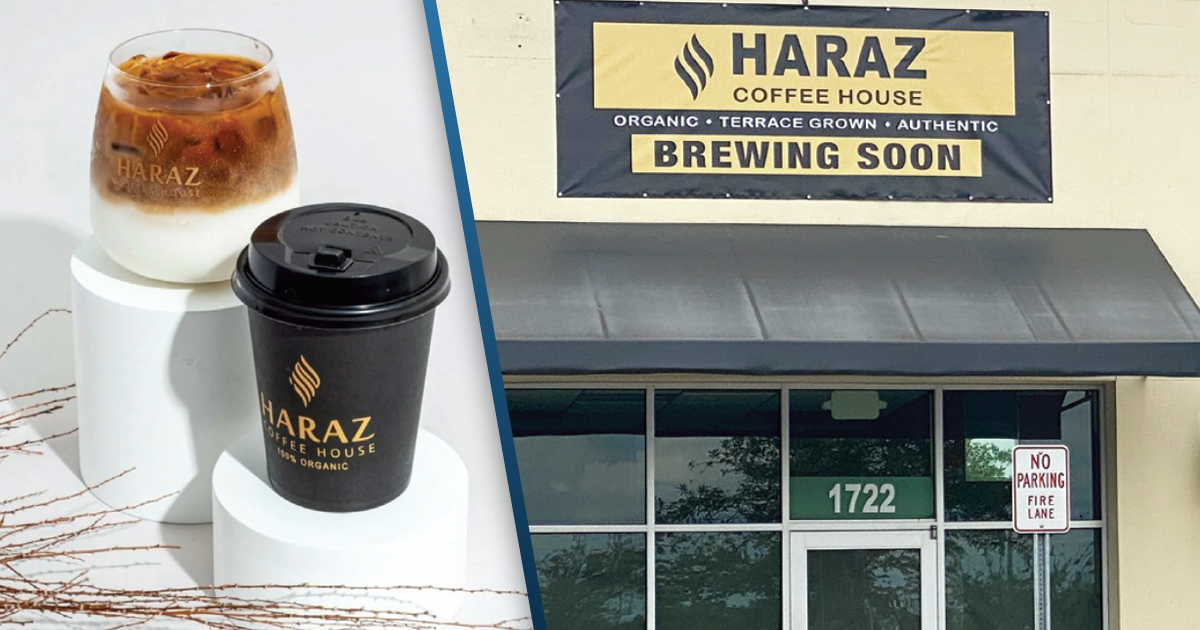 Two Haraz Coffee drinks — one iced and one hot — are displayed on white podiums on the left, while on the right, a "Brewing Soon" banner hangs above the future Haraz Coffee House location at 1722 Bruce B. Downs Blvd in Wesley Chapel.