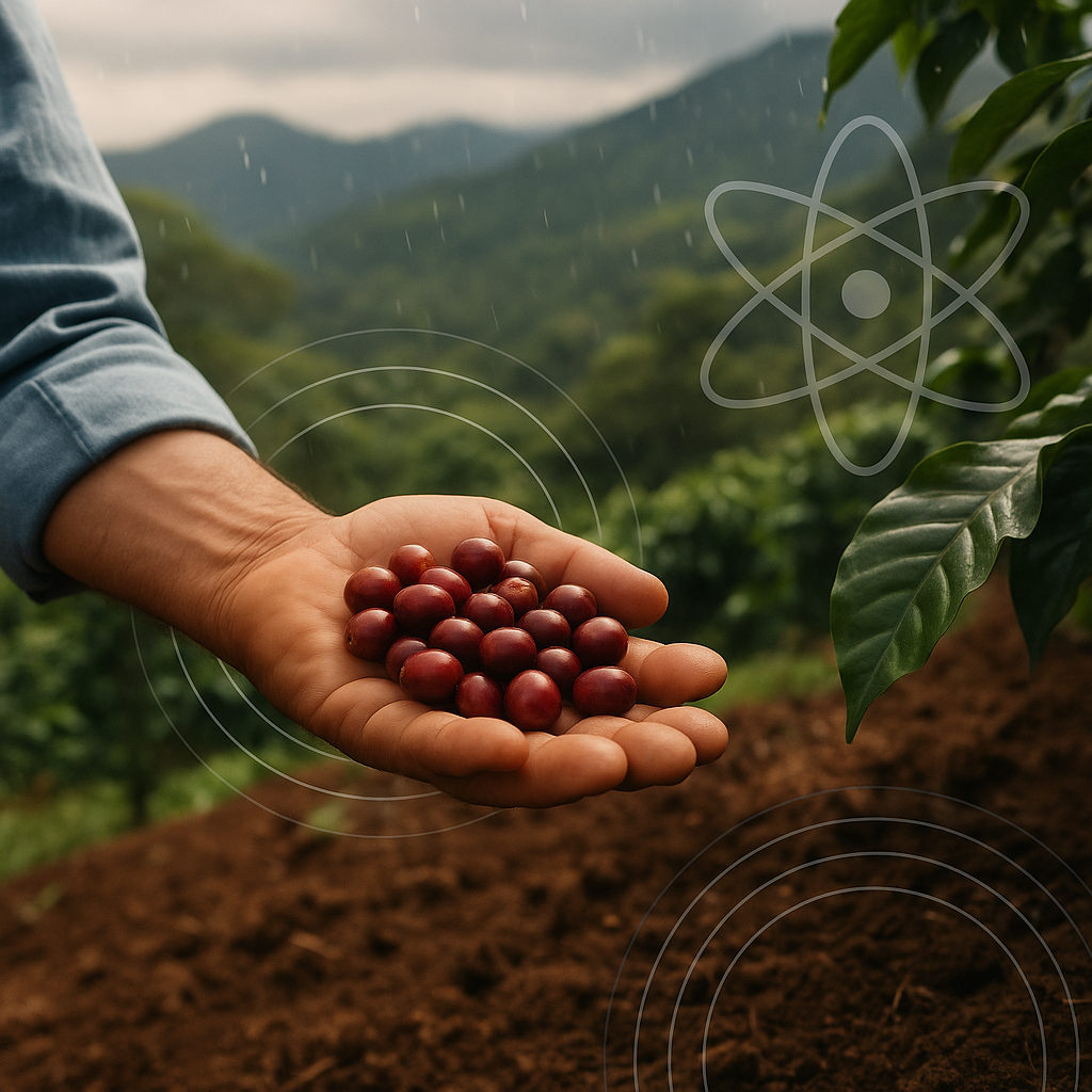 A farmer’s hand holds a cluster of ripe red coffee cherries against the backdrop of a lush Costa Rican plantation with misty hills, while faint atomic symbols and data lines overlay the scene, symbolizing the link between coffee and nuclear science.