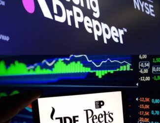 Logos of Keurig Dr Pepper and JDE Peet’s side by side, illustrating the €15.7B acquisition and split into Global Coffee Co. and Beverage Co.