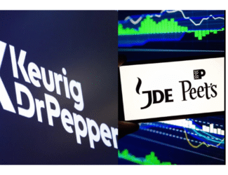 Logos of Keurig Dr Pepper and JDE Peet’s side by side, illustrating the €15.7B acquisition and split into Global Coffee Co. and Beverage Co.