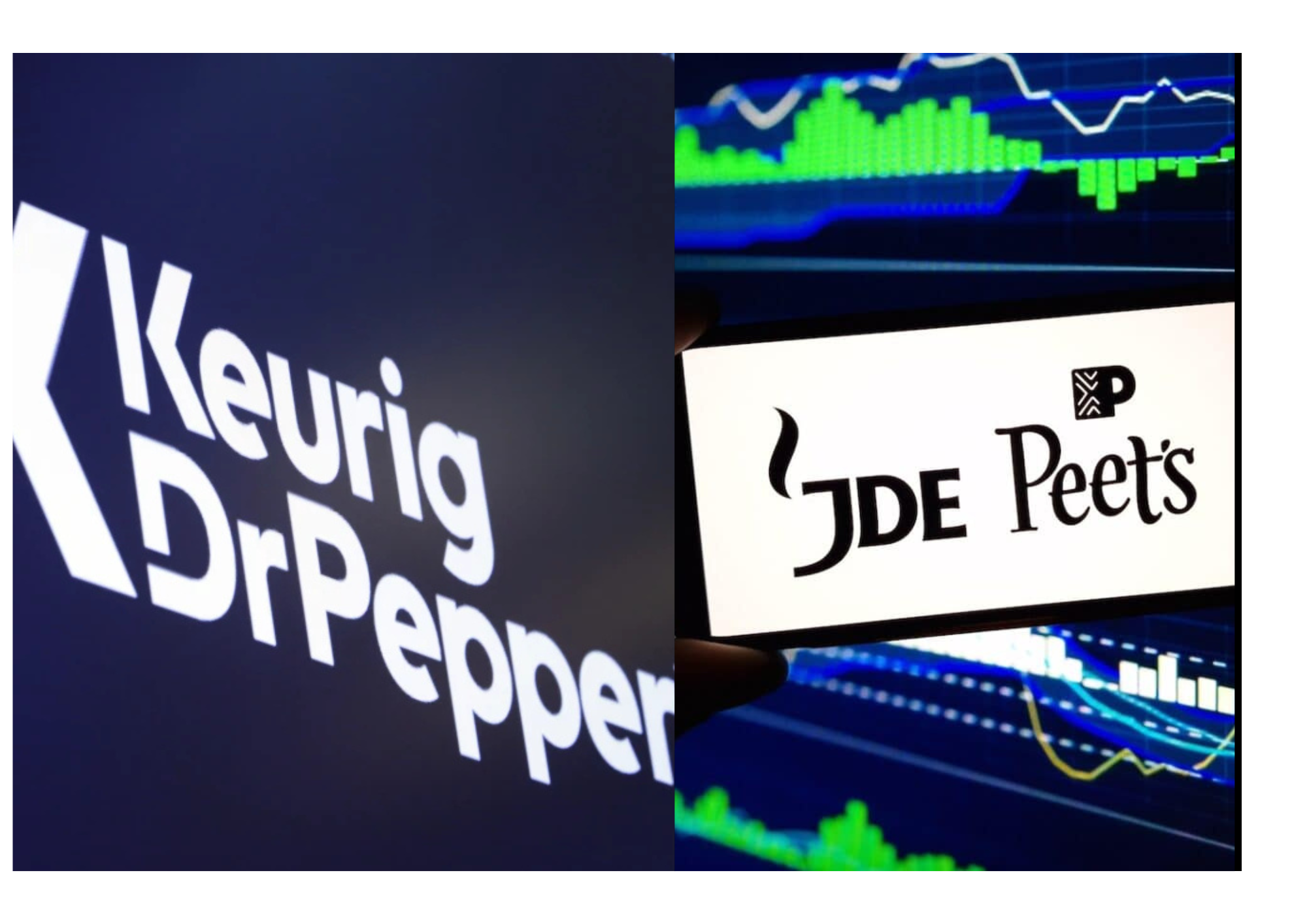 Logos of Keurig Dr Pepper and JDE Peet’s side by side, illustrating the €15.7B acquisition and split into Global Coffee Co. and Beverage Co.