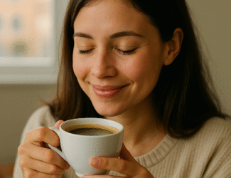 A young woman in a cream sweater enjoys a steaming cup of coffee by the window in soft morning light, smiling with closed eyes as she savors the uplifting moment.