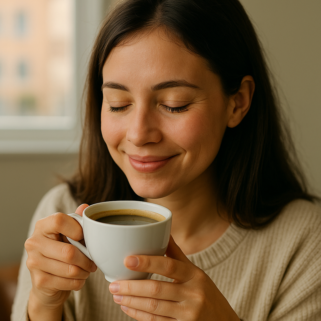 A young woman in a cream sweater enjoys a steaming cup of coffee by the window in soft morning light, smiling with closed eyes as she savors the uplifting moment.