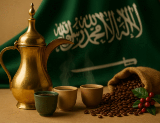 A golden Arabian dallah coffee pot with colorful cups and roasted beans, set against the Saudi Arabian flag backdrop, symbolizing Saudi coffee culture and Vision 2030.