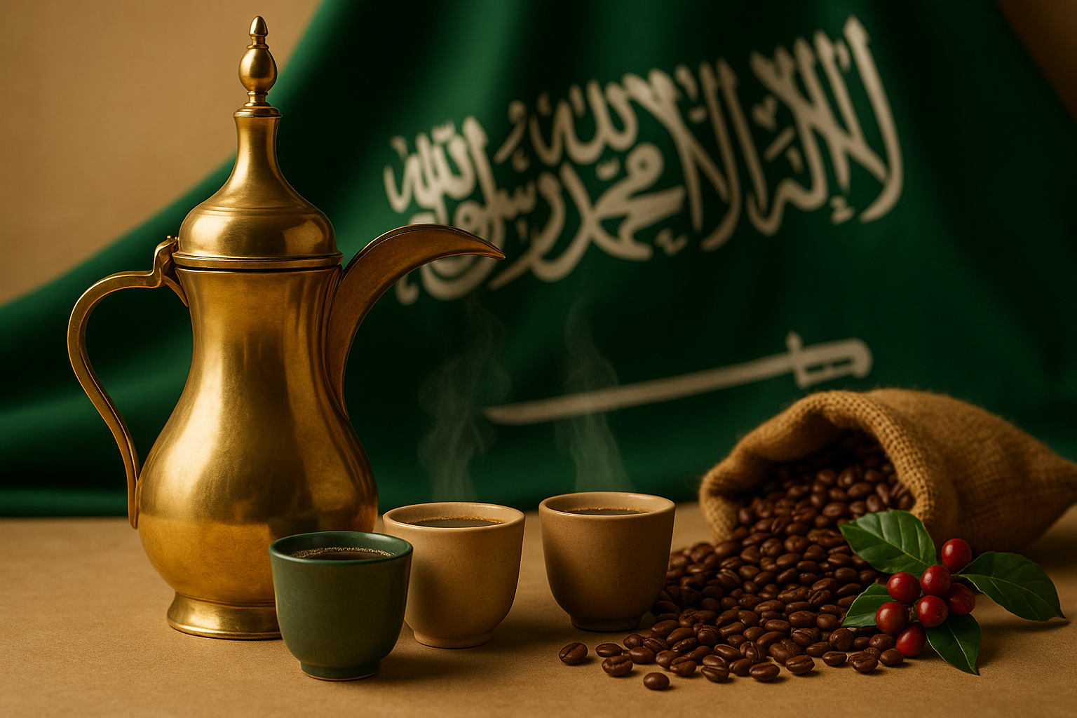 A golden Arabian dallah coffee pot with colorful cups and roasted beans, set against the Saudi Arabian flag backdrop, symbolizing Saudi coffee culture and Vision 2030.