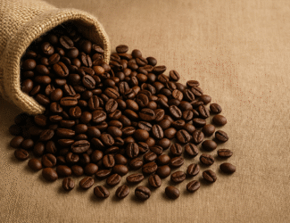 A burlap sack tipped over with roasted coffee beans spilling out onto a textured beige fabric surface, highlighting the rich brown tones and glossy details of the beans.