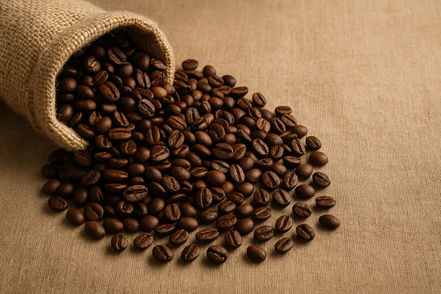 A burlap sack tipped over with roasted coffee beans spilling out onto a textured beige fabric surface, highlighting the rich brown tones and glossy details of the beans.