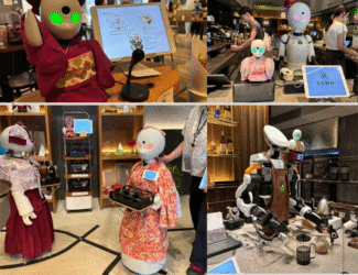 Robot OriHime serving coffee at Tokyo’s Avatar Robot Café.