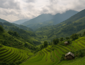 A scenic view of Vietnam’s Central Highlands showing green terraced hillsides, misty mountains in the background, and small wooden houses surrounded by lush farmland.