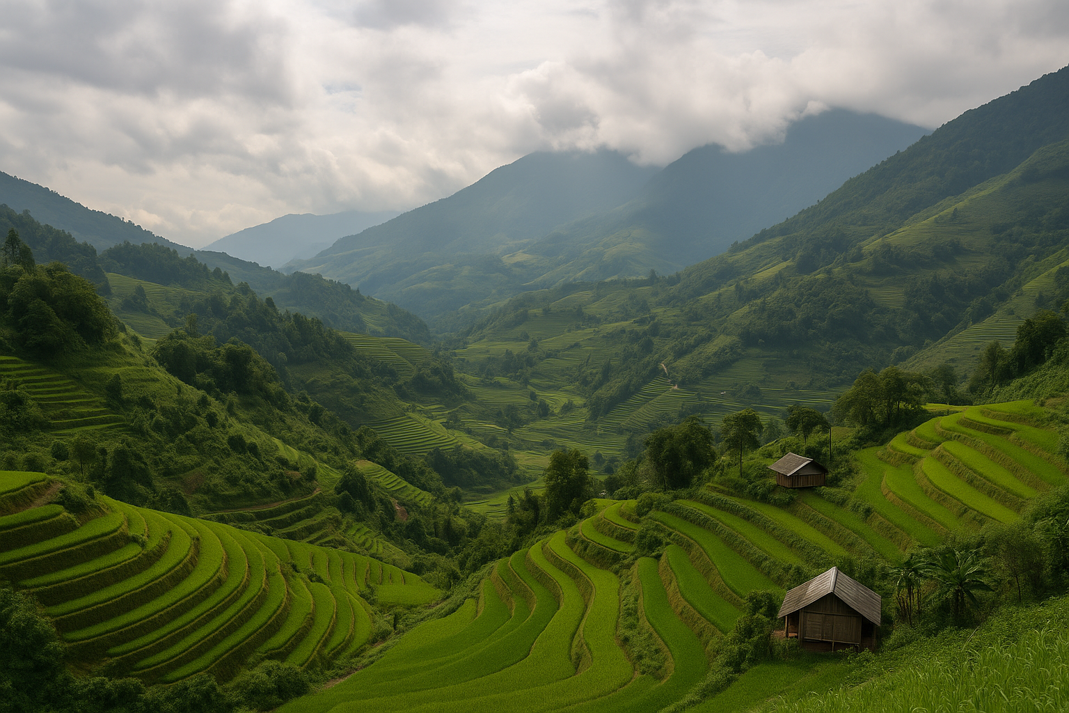 A scenic view of Vietnam’s Central Highlands showing green terraced hillsides, misty mountains in the background, and small wooden houses surrounded by lush farmland.