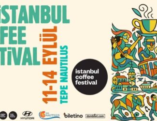 Promotional poster for the 11th Istanbul Coffee Festival, taking place from September 11 to 14 at Tepe Nautilus. The left side displays event details in bold turquoise and orange text. The right side features colorful abstract illustrations of people drinking coffee, playing music, and iconic elements of Istanbul like the tram, Bosphorus ferries, and city architecture. The design blends coffee culture with the artistic and cultural spirit of Istanbul.