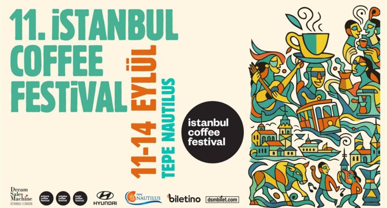 Promotional poster for the 11th Istanbul Coffee Festival, taking place from September 11 to 14 at Tepe Nautilus. The left side displays event details in bold turquoise and orange text. The right side features colorful abstract illustrations of people drinking coffee, playing music, and iconic elements of Istanbul like the tram, Bosphorus ferries, and city architecture. The design blends coffee culture with the artistic and cultural spirit of Istanbul.