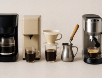 A row of five coffee brewing methods displayed on a neutral background, including a drip coffee maker, a liquid dispenser, a pour-over dripper, a Turkish cezve, and an espresso machine, each with a matching cup of freshly brewed coffee.