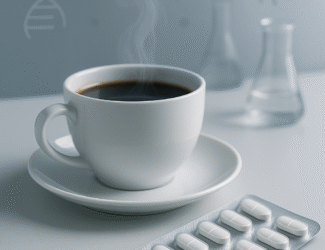 A cup of coffee beside antibiotic pills on a laboratory desk, symbolizing research showing caffeine may reduce antibiotic effectiveness in E. coli.