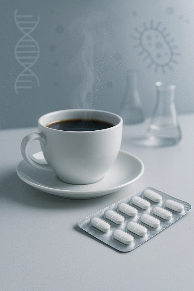 A cup of coffee beside antibiotic pills on a laboratory desk, symbolizing research showing caffeine may reduce antibiotic effectiveness in E. coli.