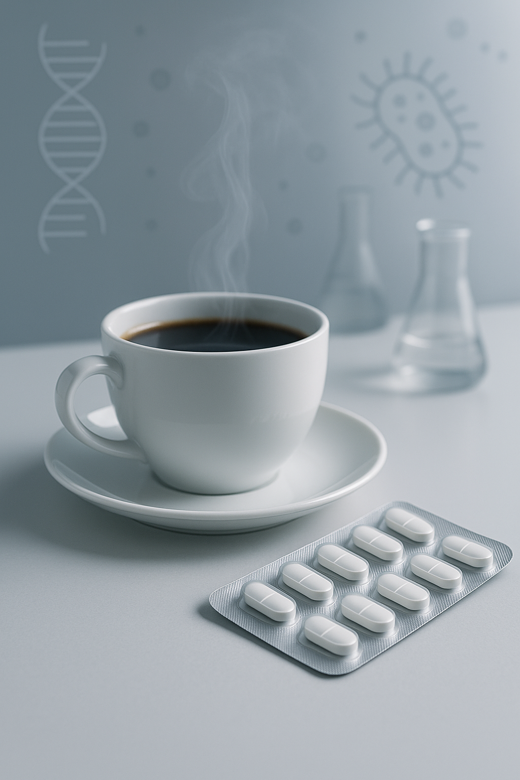 A cup of coffee beside antibiotic pills on a laboratory desk, symbolizing research showing caffeine may reduce antibiotic effectiveness in E. coli.