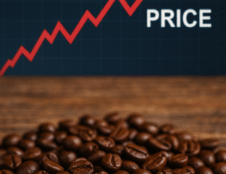 “Coffee beans and a rising price chart symbolizing the global surge in coffee prices due to Brazil’s weather and U.S. tariffs in 2025”