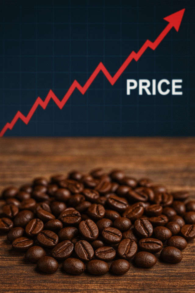 “Coffee beans and a rising price chart symbolizing the global surge in coffee prices due to Brazil’s weather and U.S. tariffs in 2025”