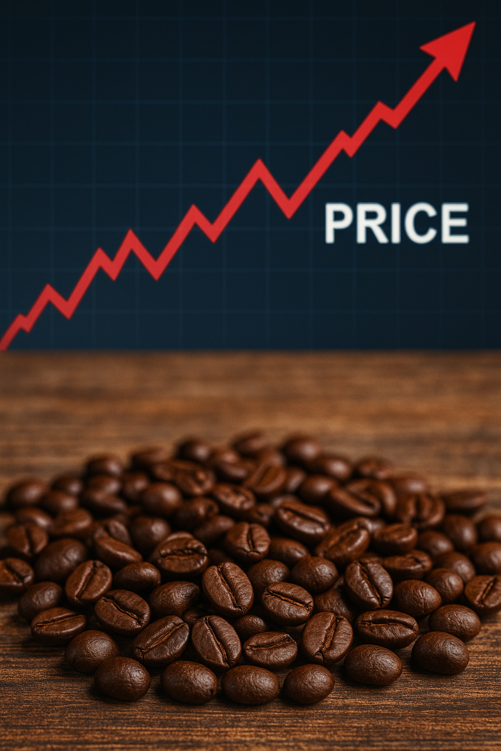 “Coffee beans and a rising price chart symbolizing the global surge in coffee prices due to Brazil’s weather and U.S. tariffs in 2025”