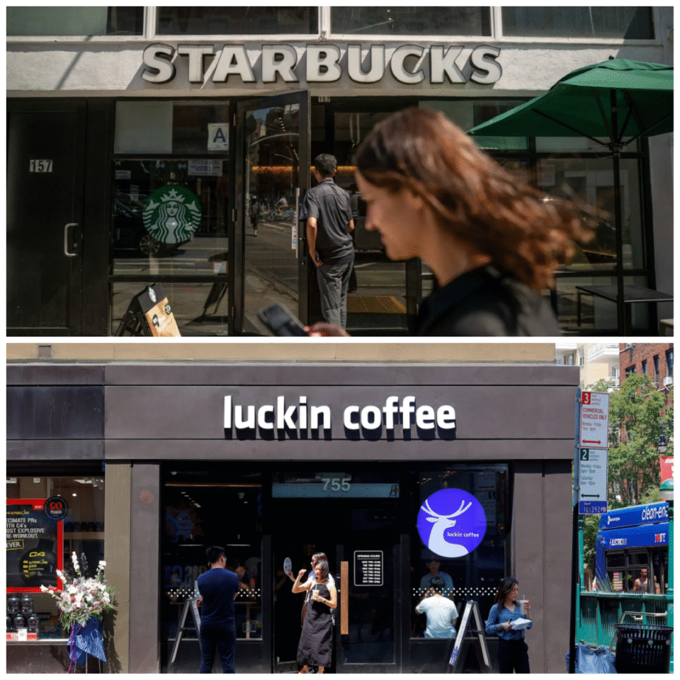 Side-by-side view of Starbucks and Luckin Coffee storefronts in Manhattan, highlighting the visual contrast between the two coffee chains as they compete in the U.S. market.