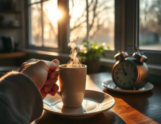 A person holding a cup of black coffee near a window in the early morning, with no food on the table, representing drinking coffee on an empty stomach.