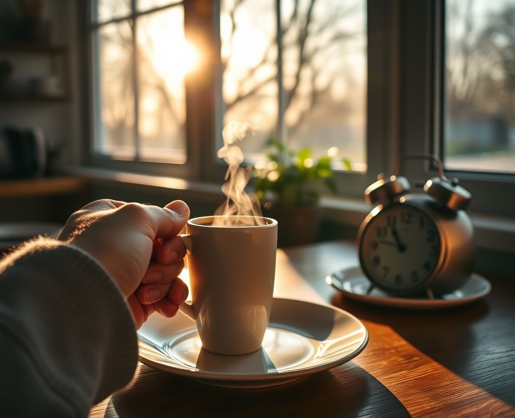 A person holding a cup of black coffee near a window in the early morning, with no food on the table, representing drinking coffee on an empty stomach.