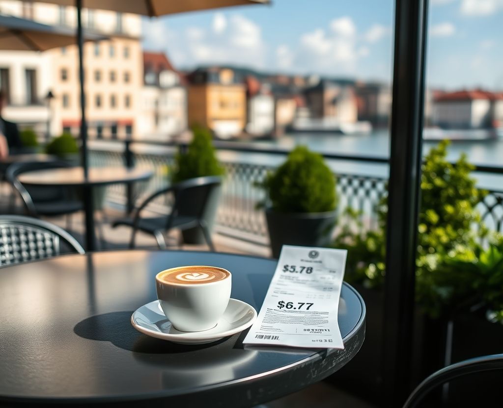 A cappuccino on a café table in an upscale European city with a price receipt showing $6.77, symbolizing the high cost of coffee in 2025.