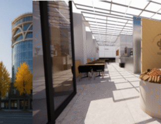 The image is split into two parts. On the left, there is a modern multi-story building with a distinctive glass facade and a large Reborn Coffee logo sign on the front. In front of the building, yellow-leaved trees suggest an autumn setting. On the right, there is a bright indoor space with natural light streaming through a glass ceiling, featuring neatly arranged tables and chairs, as well as a bakery counter displaying a variety of bread and pastries. The Reborn Coffee logo is visible on the interior wall.