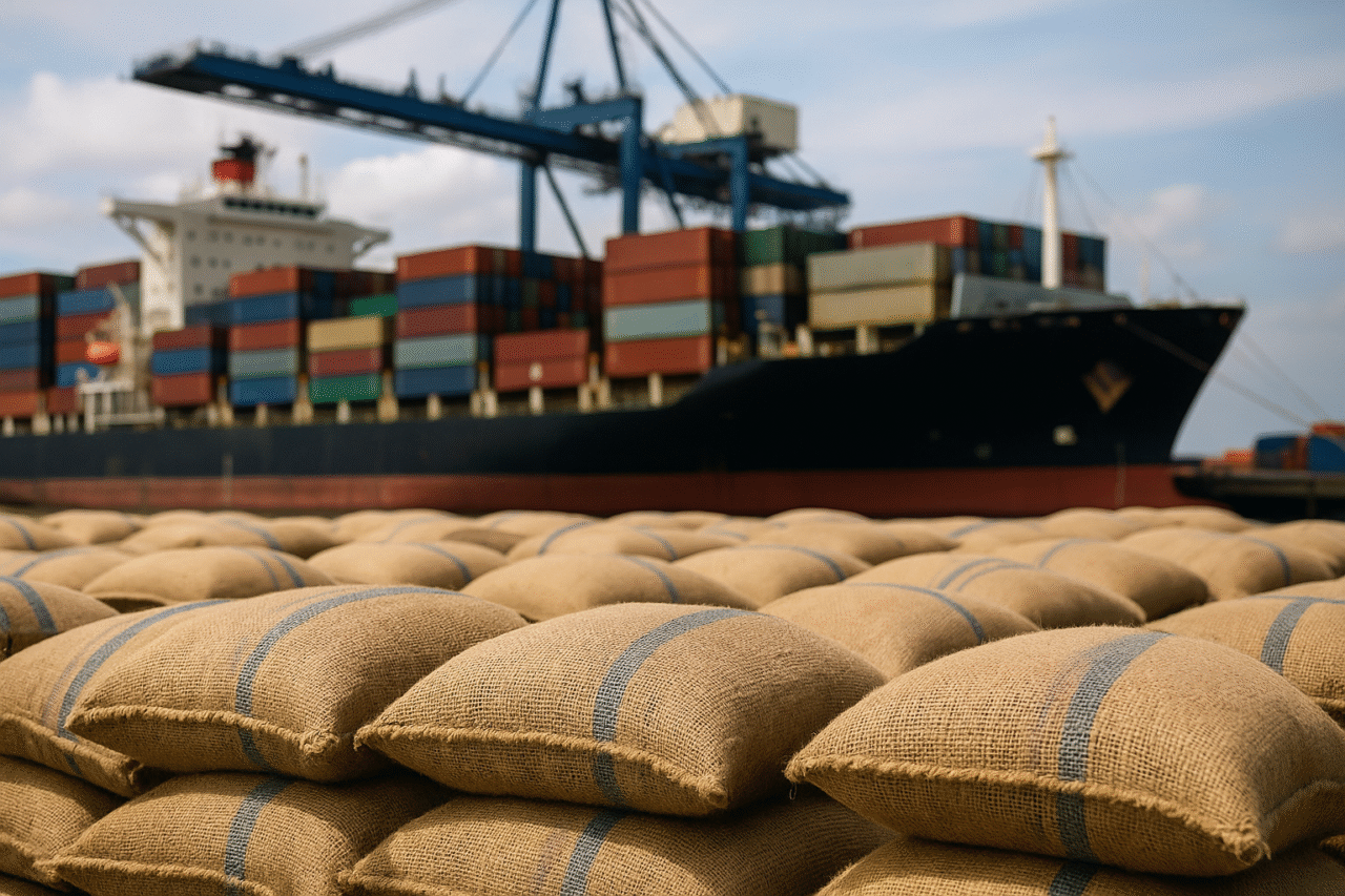 Burlap sacks filled with coffee beans stacked at a port, with a large container ship and cranes in the background.
