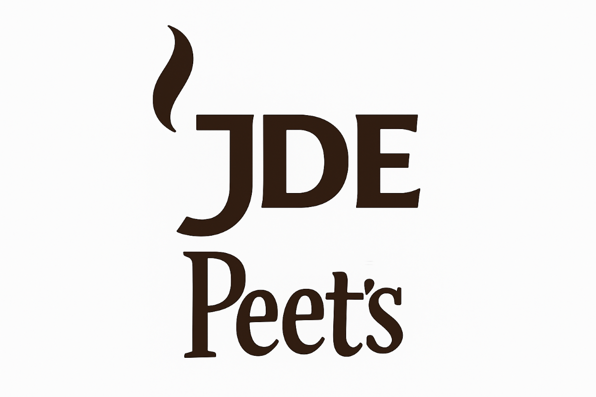 Logo of JDE Peet’s displayed on a white background, featuring the letters "JDE" in bold dark brown with a stylized coffee steam rising above the "J," and the word "Peet’s" written below in a classic serif font.