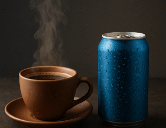 A steaming brown cup of coffee sits on a saucer beside a cold blue energy drink can covered with water droplets, highlighting the contrast between warmth and calmness versus artificial chill and stimulation.