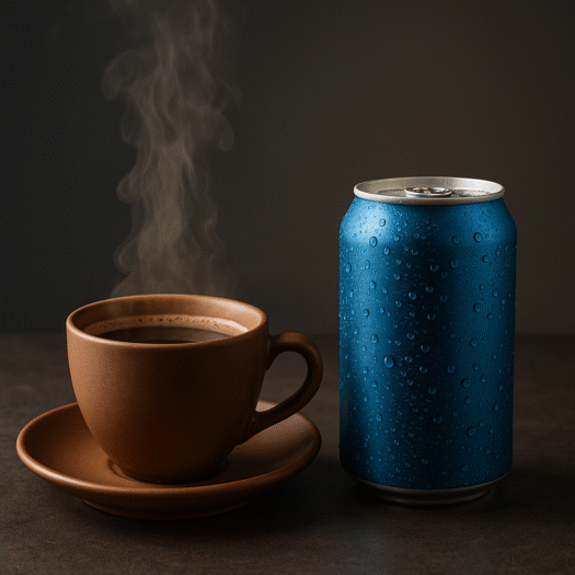 A steaming brown cup of coffee sits on a saucer beside a cold blue energy drink can covered with water droplets, highlighting the contrast between warmth and calmness versus artificial chill and stimulation.
