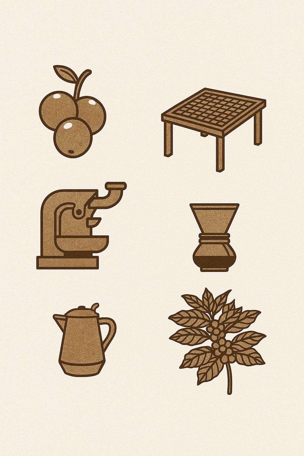 "A set of sepia-toned illustrations showing the journey of coffee: a ripe coffee cherry, a drying table, a roasting machine, a pour-over dripper, a kettle, and a coffee plant branch with cherries."