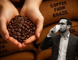 digital composite image showing two hands holding roasted coffee beans in the foreground on the left, while on the right a man in a suit and glasses drinks from a takeaway coffee cup. In the background, burlap sacks labeled "COFFEE FROM BRAZIL" emphasize the theme of Brazilian coffee and trade.