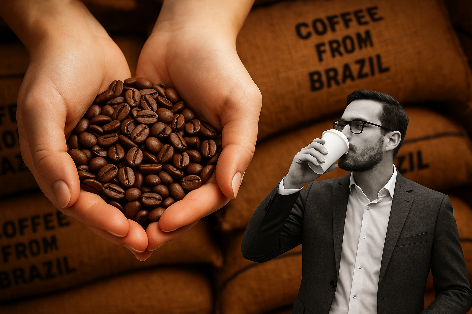 digital composite image showing two hands holding roasted coffee beans in the foreground on the left, while on the right a man in a suit and glasses drinks from a takeaway coffee cup. In the background, burlap sacks labeled "COFFEE FROM BRAZIL" emphasize the theme of Brazilian coffee and trade.