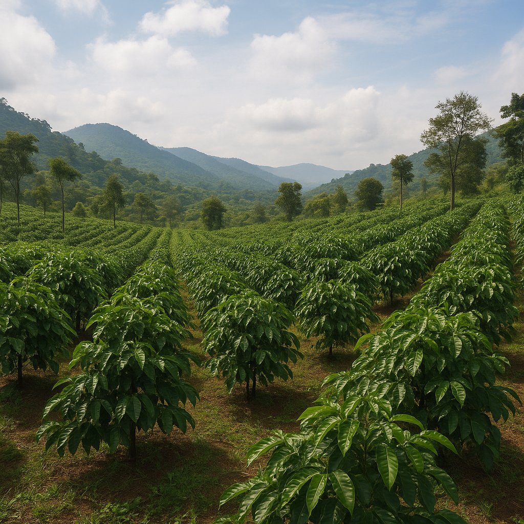 A lush coffee plantation in Myanmar with rows of green coffee plants stretching across terraced hillsides, surrounded by forested mountains under a partly cloudy sky.