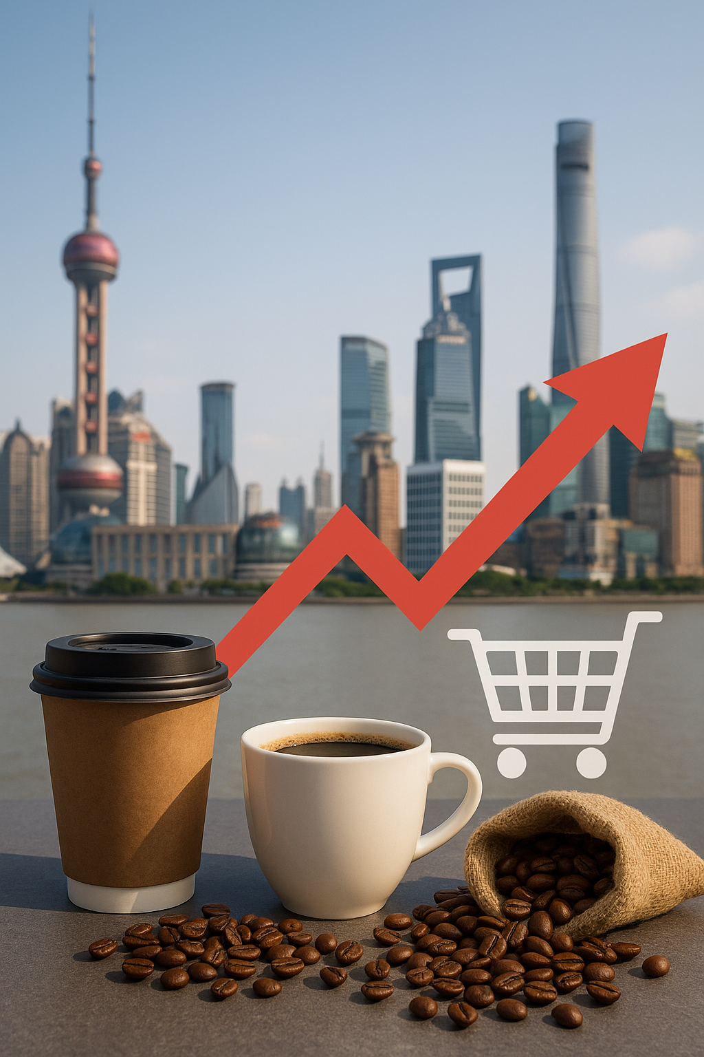 Coffee cups and beans in front of Shanghai skyline with upward arrow, symbolizing China’s growing coffee market and economic expansion.