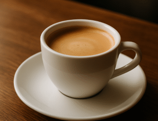 A white ceramic cup filled with freshly brewed coffee on a matching saucer, placed on a polished wooden table with warm natural lighting.