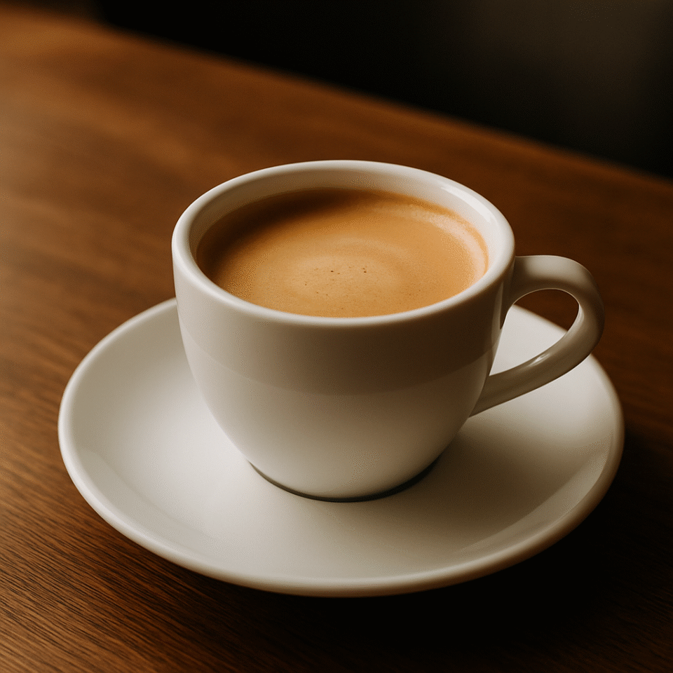 A white ceramic cup filled with freshly brewed coffee on a matching saucer, placed on a polished wooden table with warm natural lighting.