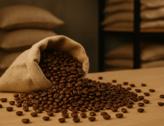 Burlap sack spilling roasted coffee beans on a wooden table with stacked sacks in the background, symbolizing tight global coffee supply.