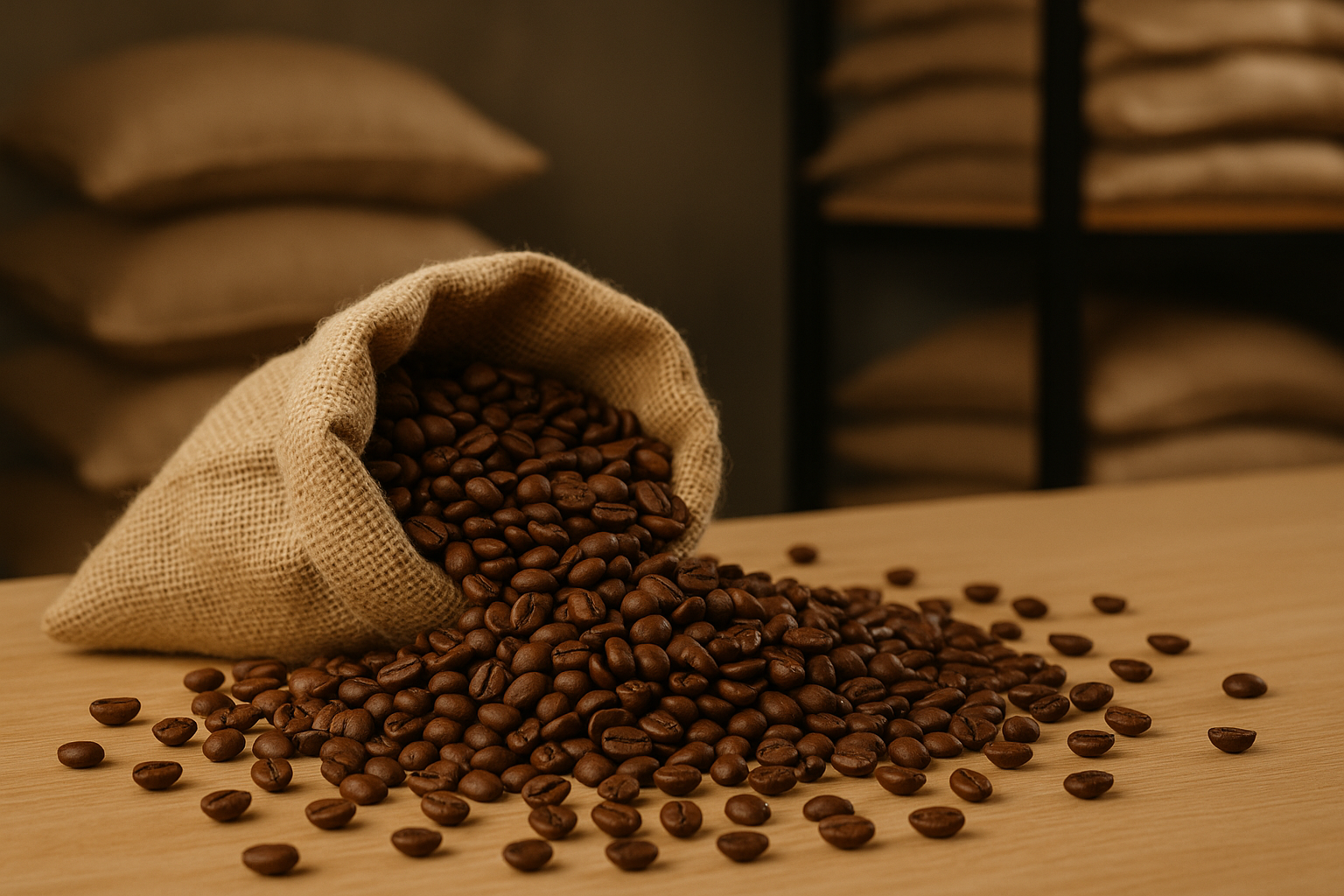 Burlap sack spilling roasted coffee beans on a wooden table with stacked sacks in the background, symbolizing tight global coffee supply.