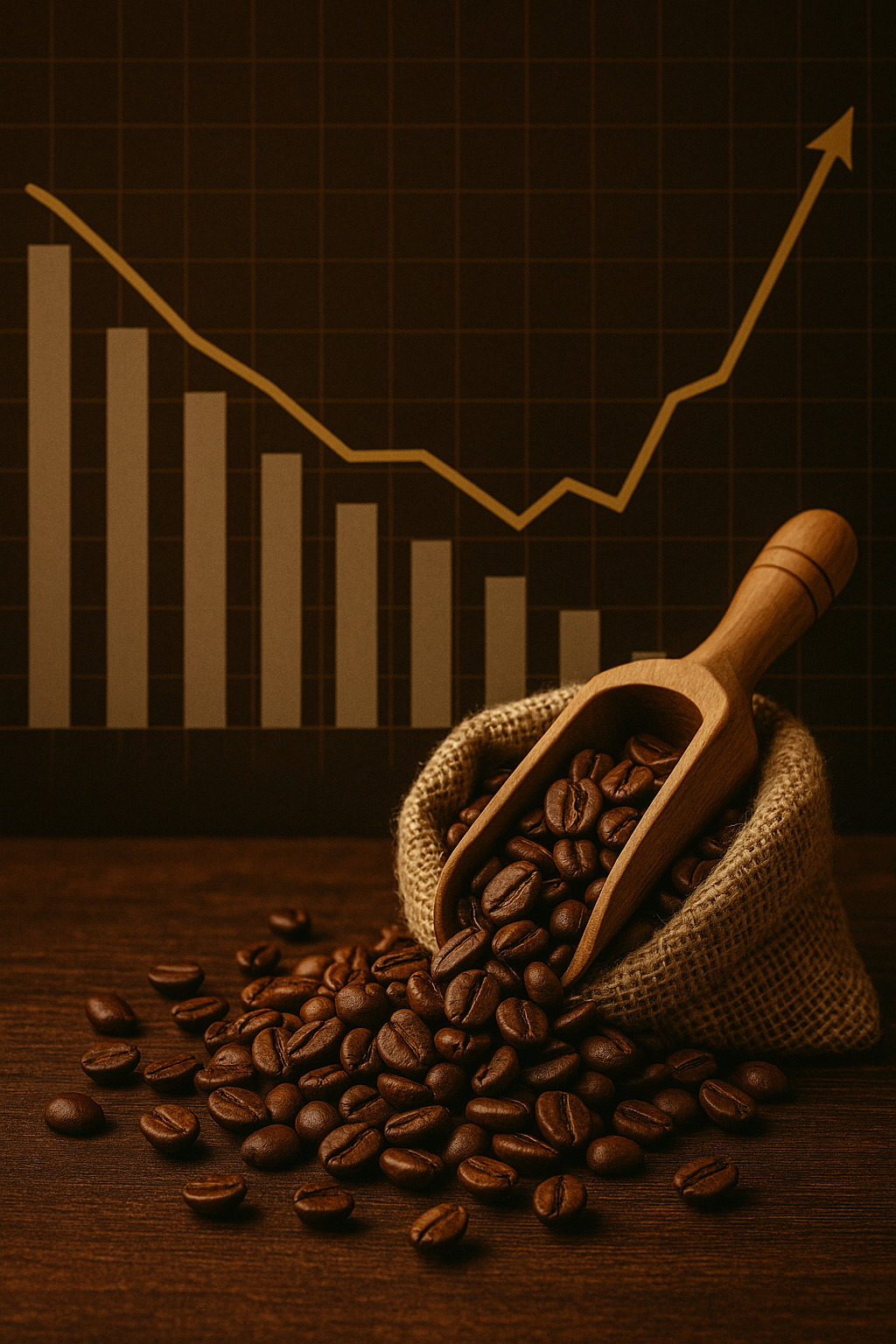 A burlap sack overflowing with coffee beans and a wooden scoop on a wooden table, with a financial graph in the background showing exports down and prices up