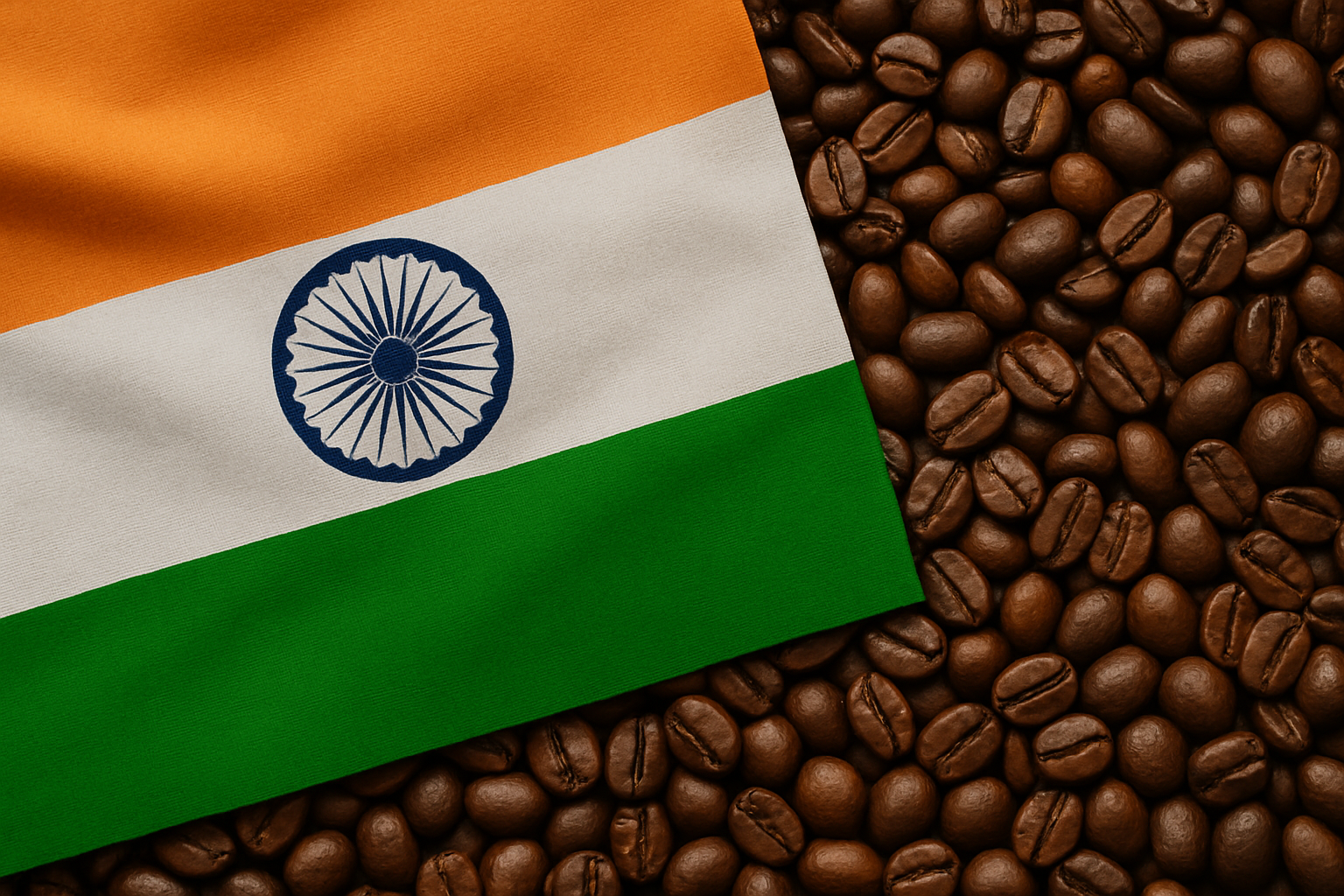 The Indian national flag placed over a surface of roasted coffee beans, symbolizing India’s coffee industry and its connection to national identity.