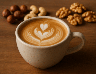A ceramic cup of latte with heart-shaped latte art sits on a wooden table, surrounded by scattered cashews, hazelnuts, and walnuts in soft, warm café lighting.