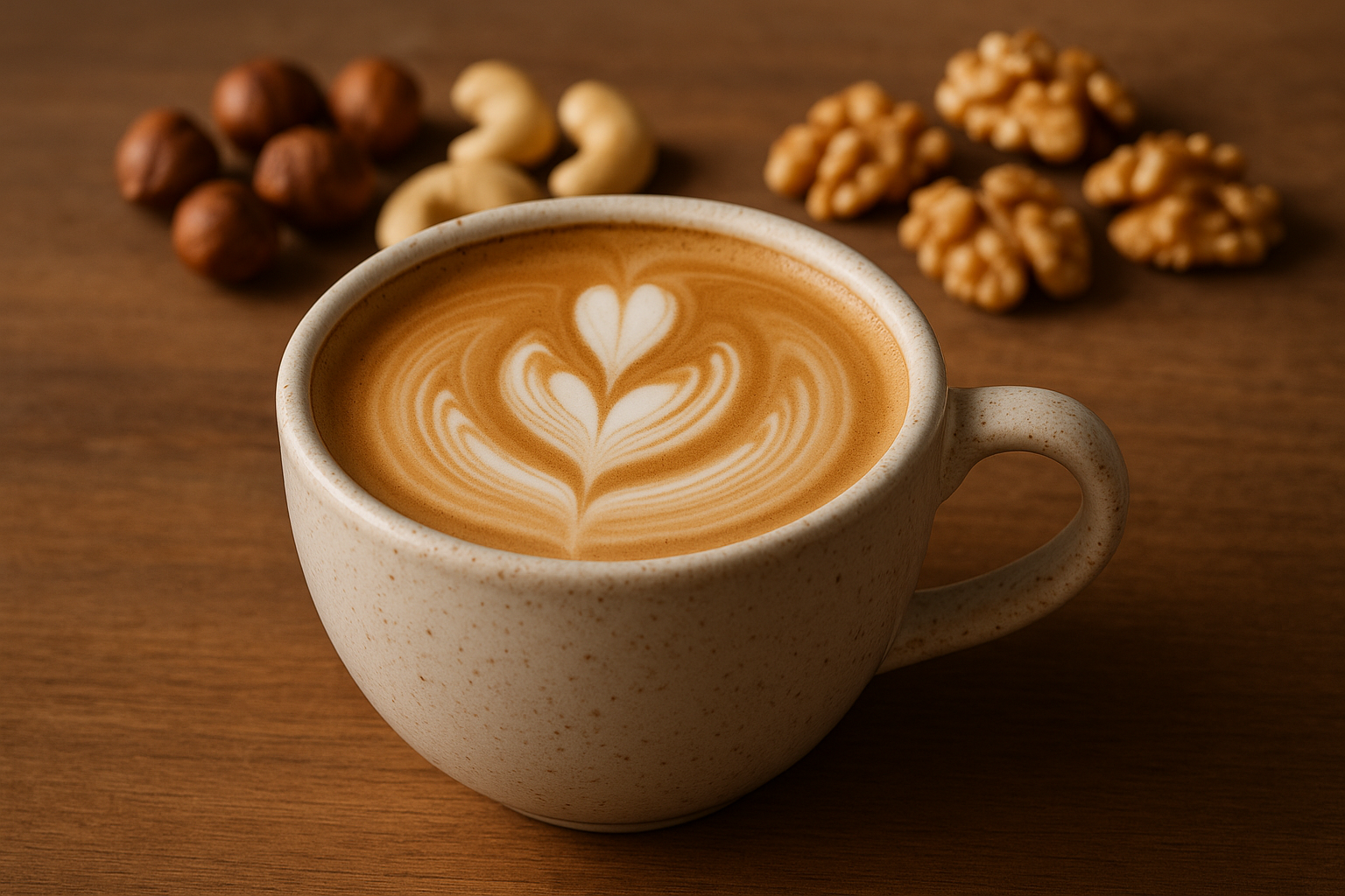 A ceramic cup of latte with heart-shaped latte art sits on a wooden table, surrounded by scattered cashews, hazelnuts, and walnuts in soft, warm café lighting.