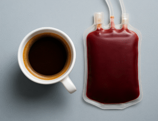 A white ceramic cup filled with coffee sits next to a sealed blood donation bag, symbolizing the link between caffeine consumption and donor blood quality.