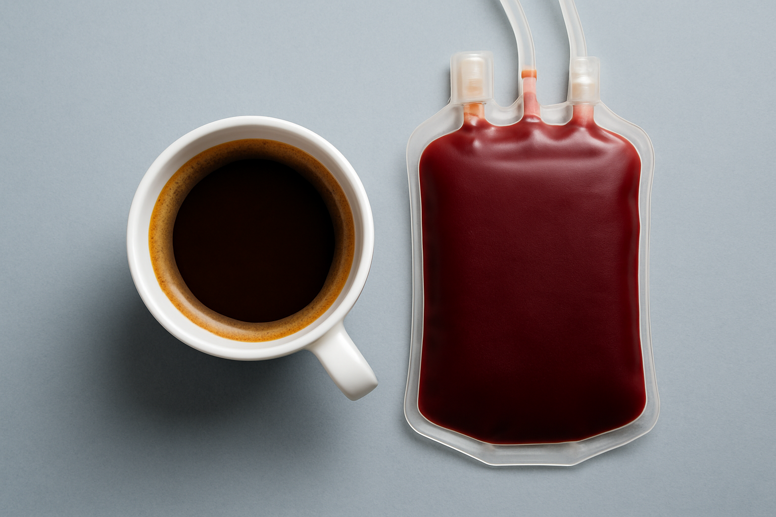 A white ceramic cup filled with coffee sits next to a sealed blood donation bag, symbolizing the link between caffeine consumption and donor blood quality.