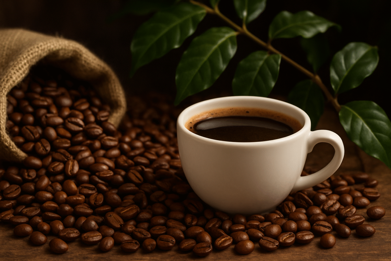 A close-up of roasted Arabica coffee beans spilling from a burlap sack beside a white cup of black coffee, with green coffee plant leaves in the background.