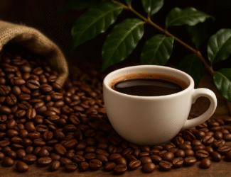 A close-up of roasted Arabica coffee beans spilling from a burlap sack beside a white cup of black coffee, with green coffee plant leaves in the background.