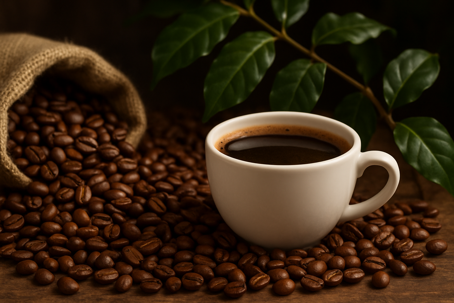 A close-up of roasted Arabica coffee beans spilling from a burlap sack beside a white cup of black coffee, with green coffee plant leaves in the background.